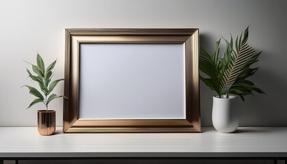 A close up view of an empty modern and sleek white picture frame on a white table surface and white wall; picture frame place slightly to the side