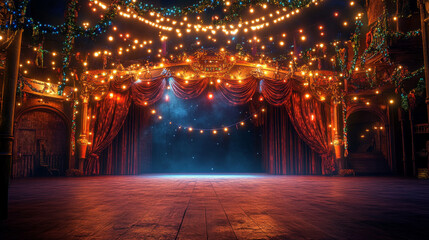 Cartoon circus stage night arena with curtain. Theater podium for dance competition television show backdrop. Dark music performance platform with garland and neon light. Drapery on concert fabric