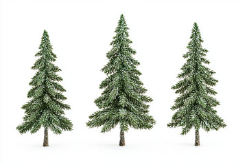 Fototapeta premium Three lush evergreen trees with snow-dusted foliage, creating a festive winter atmosphere.