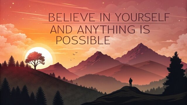 Inspirational sunset landscape with mountains, silhouette of a person, tree, and motivational quote about self-belief and possibilities in nature