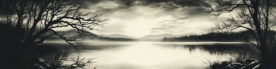 Fototapeta premium A serene black and white landscape depicting a tranquil lake at dawn, surrounded by silhouetted trees and misty mountains in the background, evoking a sense of calm and reflection