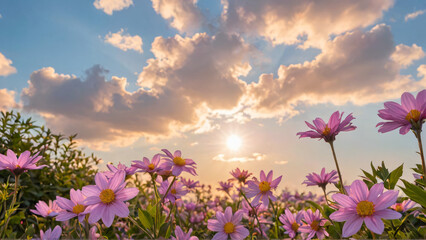Obraz premium Background with pink flowers and bright sky