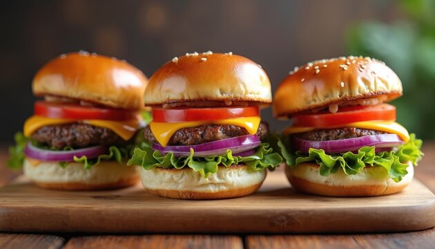 Trio mini slider burgers on wooden board. Each burger with bun sesame, cheese, tomato, onion, lettuce. Appetizing fast food, ideal for snack or meal. Perfect for pub restaurant menu design.