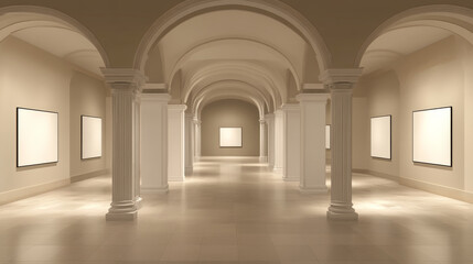 Arches with columns and illuminated blank signboards in wall, rectangular interior gates with white pillars and empty banners in art gallery or museum, archway frames, Realistic 3d vector mock up