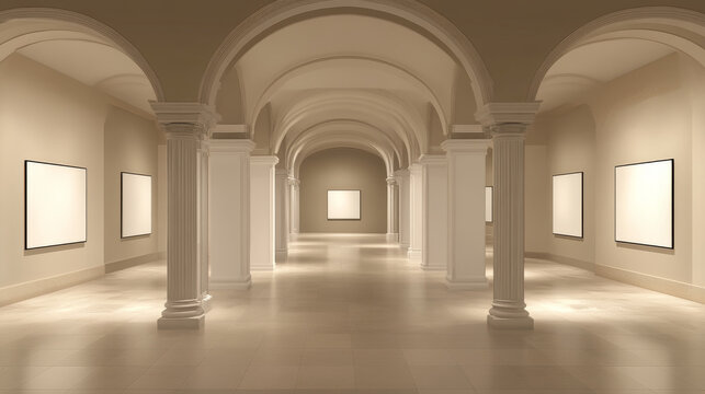 Arches with columns and illuminated blank signboards in wall, rectangular interior gates with white pillars and empty banners in art gallery or museum, archway frames, Realistic 3d vector mock up