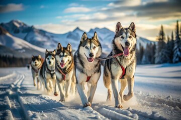Naklejka premium Alaskan Husky Dog Sledding Winter Snow Documentary Photography