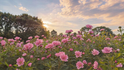 Background with pink flowers and bright sky