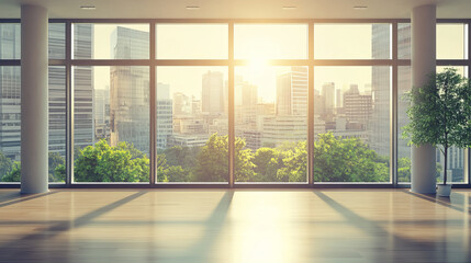 Empty room interior with large windows. Vector cartoon illustration of open space company office, apartment, store with cityscape buildings, green lawn, sunny sky view. Workspace, housing background
