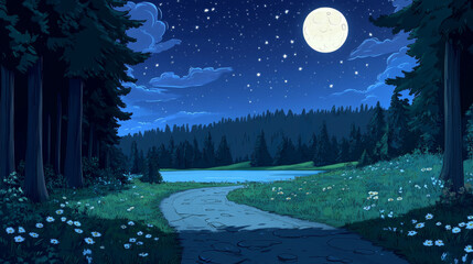 Fototapeta premium Night nature landscape with forest trees, road, lake and field under full moon shining in starry sky. Cartoon rural background, mysterious scenery view with countryside twilight, Vector illustration