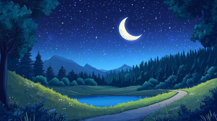 Naklejka premium Night nature landscape with forest trees, road, lake and field under full moon shining in starry sky. Cartoon rural background, mysterious scenery view with countryside twilight, Vector illustration