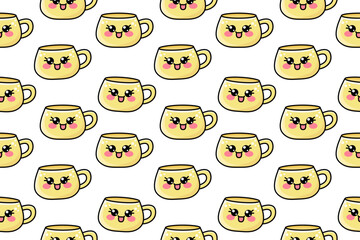 Fototapeta premium Kawaii seamless pattern with yellow cute vector cups or mugs