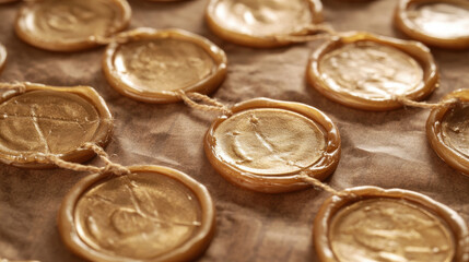 Gold wax seals with rope for letter, guarantee or certificate. Vector realistic set of blank round wax stamps with cord, golden label for lock envelope with confidential mail or press quality sign