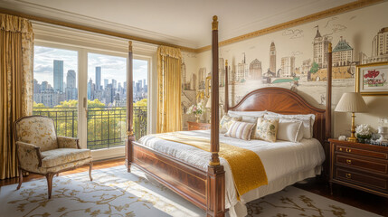 Luxury old bedroom interior at morning or day time. Empty light room with wooden furniture and gold decoration, bed with canopy, armchair, open balcony door, cartoon vector city view with skyscrapers