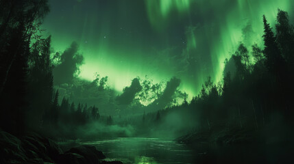 Fototapeta premium Northern aurora light. Green borealis in night sky. Arctic polar gradient on north pole. Abstract finland bg with boreal landscape backdrop. Black tree design in fjord to travel illustration