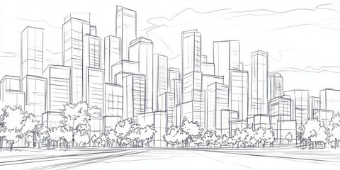 Minimalist line drawing of a city skyline with skyscrapers.