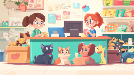 Pet shop interior. Vector cartoon illustration of happy children playing with cats and dog, taking care of adopted friends, animal food boxes and cans, toys on shelves, computer on cash register desk