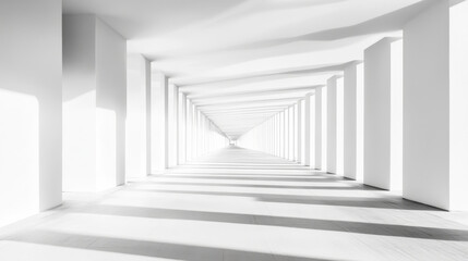 Obraz premium Empty corridor, hall with inclined white walls and columns. Modern house, office or gallery building interior with pillars and niches, vector realistic illustration