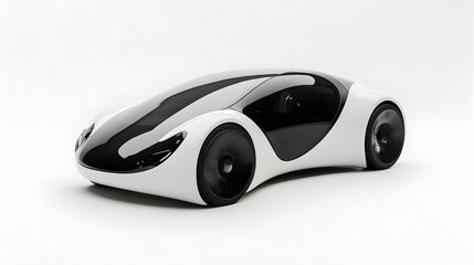 Sleek white futuristic concept car design with black accents isolated on a bright white studio background showcasing its elegant curves and modern