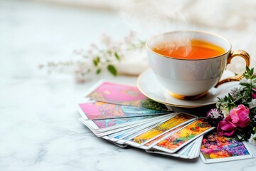 Explore tarot reading with a steaming teacup on a marble table decorated with flowers and cards