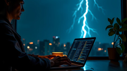 Dramatic weather effects on nighttime productivity with hyper-detailed lighting contrasts.