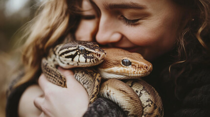 Fototapeta premium People hug pets, domestic and exotic animals.Vector flat illustration of happy women and man characters, pet owners hold cute cat, dog, rabbit, tortoise, snake and hamster