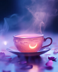 A cup with a crescent moon on it is sitting on a saucer