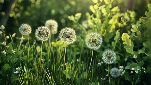 Dandelion seeds floating in sunlight above green grass in a tranquil garden setting