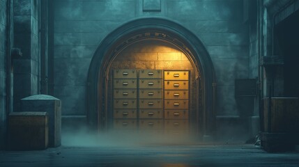Mysterious night alleyway scene with a large arched doorway and a bank of old yellowed metal cabinets glowing warmly in the dim light A misty fog adds to the eerie atmosphere