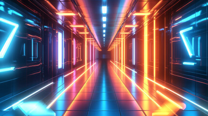 Naklejka premium Hallway room interior with neon arrow light on walls and reflections on floor. Realistic 3d background with path and luminous lamps. Abstract futuristic bg with perspective electric glow tunnel.
