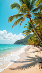 Obraz premium Tropical beach with palm trees under a bright blue sky 