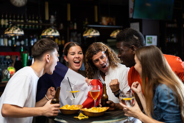 Cheerful multiracial football fans waving the flag of France while drinking beer and watching tournament in sport bar