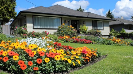 A colorful and tidy flower bed featuring petunias, pansies, and marigolds, arranged neatly beside a stylish home.