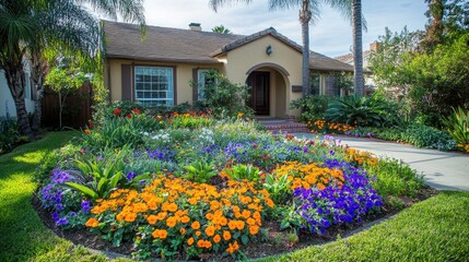 Fototapeta premium A colorful and tidy flower bed featuring petunias, pansies, and marigolds, arranged neatly beside a stylish home.