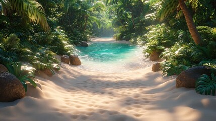 Serene tropical stream flows through lush greenery to a sandy beach