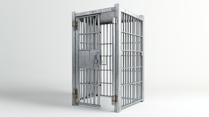 Obraz premium Prison cage with locked door, jail with black metal bars isolated on white background. Detailed iron fence and doorway, criminal institution grate realistic mockup, 3d vector illustration