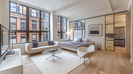 Fototapeta premium A compact studio apartment with smart storage solutions, modern furniture, and neutral hues.