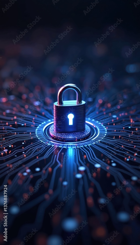 Aufkleber Cyber security concept with glowing padlock on futuristic background. Data protection, network safety. Digital security, encryption, data privacy. Internet safety, information security, web
