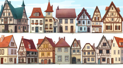 Fototapeta premium Old medieval germany town building vector set. European german city street house cartoon clipart collection. Bavaria landmark isometric exterior cityscape. Isolated timber victorian mansion png