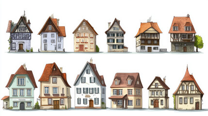 Fototapeta premium Old medieval germany town building vector set. European german city street house cartoon clipart collection. Bavaria landmark isometric exterior cityscape. Isolated timber victorian mansion png