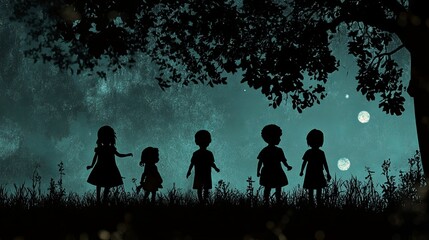 Silhouette Children Night Sky Starry Magical Dreamlike Peaceful Serene Tranquil Evening Underneath Tree Nature Scene Illustration Art kids moon dark  