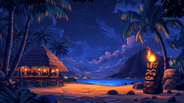 Tiki bar website with wooden tribal mask and burning torches on bamboo stick. Vector landing page of hawaiian beach cafe with cartoon illustration of polynesian totem and palm trees at night