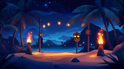 Tiki bar website with wooden tribal mask and burning torches on bamboo stick. Vector landing page of hawaiian beach cafe with cartoon illustration of polynesian totem and palm trees at night