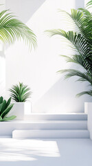 Fototapeta premium A white wall with a row of potted plants in front of it