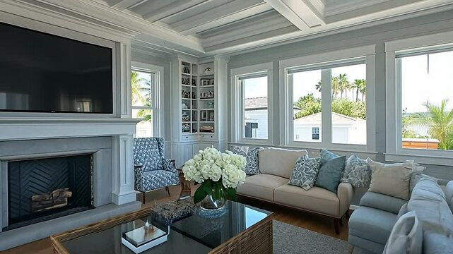 Coastal living room with white sofas, wicker coffee table, fireplace, and large windows offering a view of palm trees.