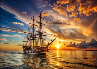 Obraz premium Candid Photo: Majestic Old Wooden Sailing Ship at Sea, Golden Hour Light