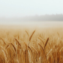 Fototapeta premium A field of golden wheat with a foggy sky in the background