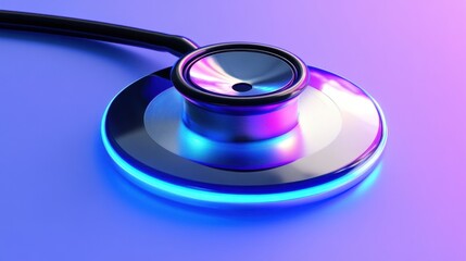 Futuristic concept of a stethoscope with holographic medical technology over a blue gradient background.