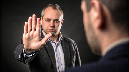 A businessman in a suit raises his hand in a stop gesture, signaling a warning or no entry.
