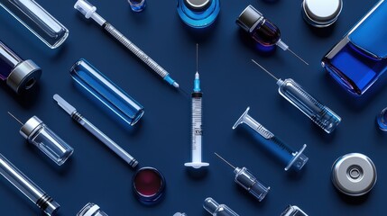 Medical-themed flat lay with syringes, vials, and droppers on a deep blue background.