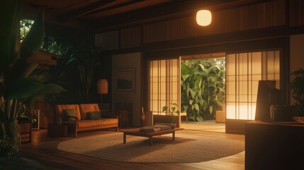 Fototapeta premium A Japanese-inspired modern living room with wooden accents, soft lighting, and Zen aesthetics.
